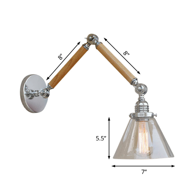 Cone Bedside Sconce Light Fixture Vintage Style Clear Glass 1 Light Chrome Wall Lamp, 8"+8"/6"+6"/8"+4" Wooden Arm