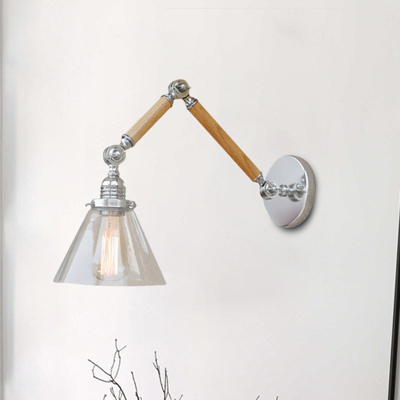 Cone Bedside Sconce Light Fixture Vintage Style Clear Glass 1 Light Chrome Wall Lamp, 8"+8"/6"+6"/8"+4" Wooden Arm