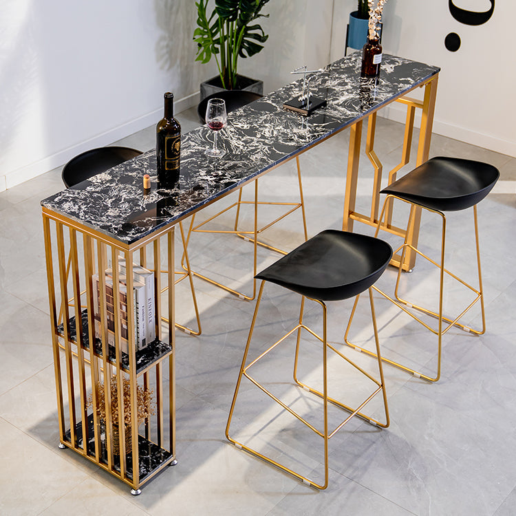 Faux Marble Bistro Table 2-shelf Rectangle Bar Height Cocktail Table with Metal Base