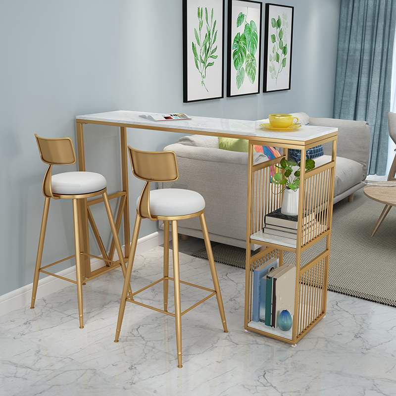 Rectangle Pedestal Bar Table Faux Marble Bar Height Pub Table with Shelves