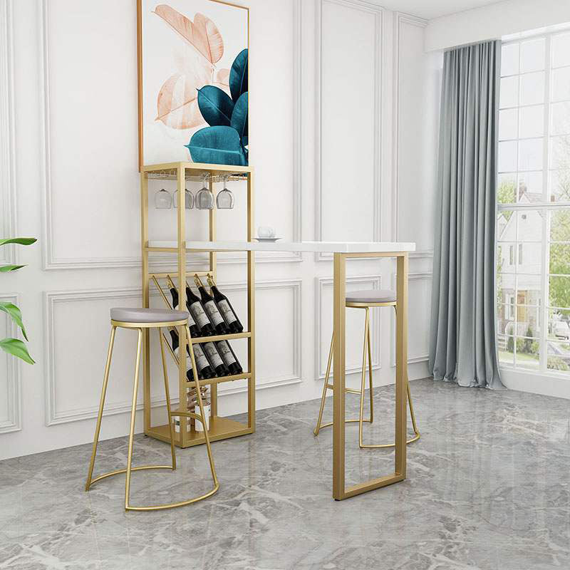 White Wooden Bistro Table Glam Rectangle Bar Height Pub Table with Shelves