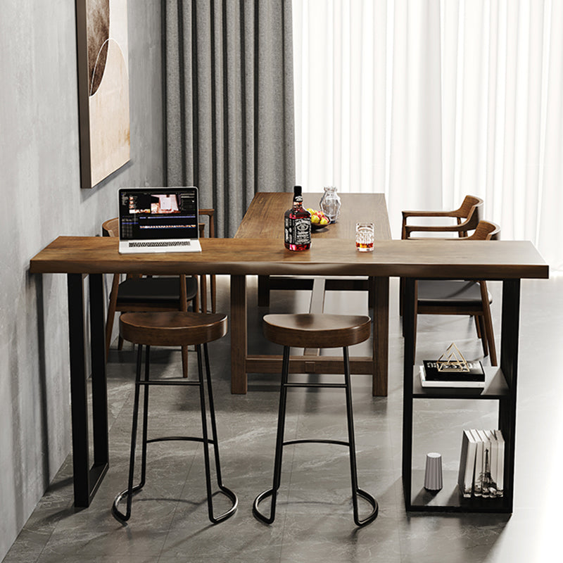 Industrial Bar Table Black Iron Solid Wood Pub Height Dining Table with 2 Shelve