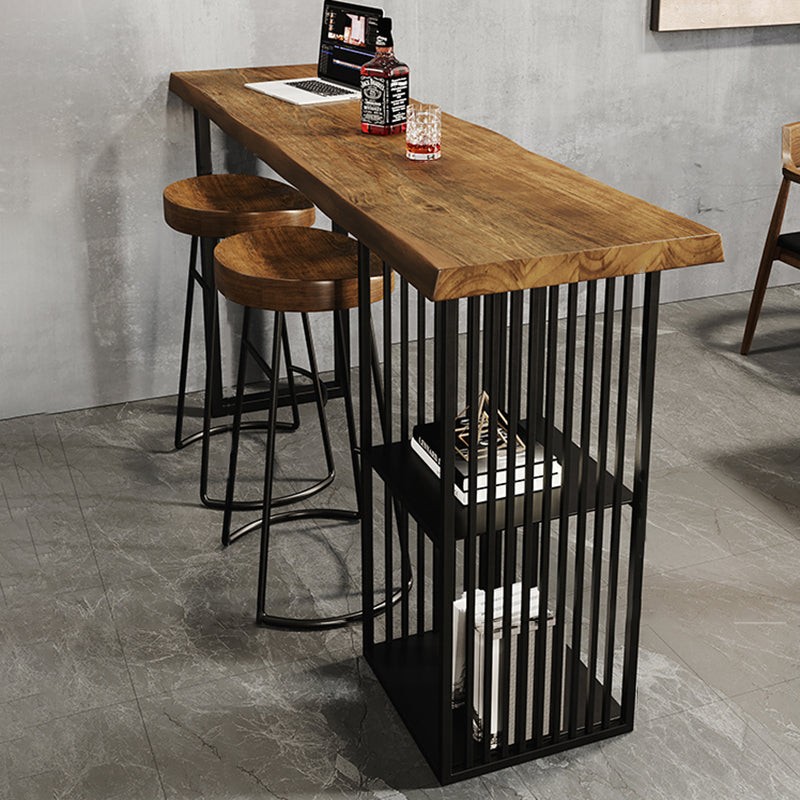 Industrial Bar Table Black Iron Solid Wood Pub Height Dining Table with 2 Shelve