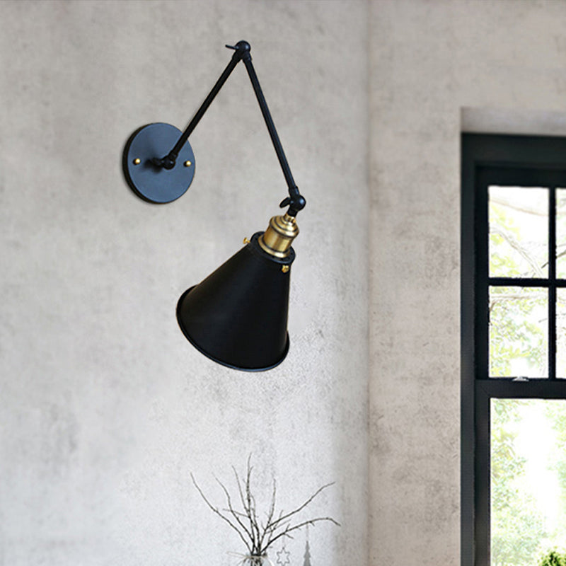 Swing Arm Indoor Wall Lighting with Conic Shade Retro Metal 1 Light Black Wall Mount Light
