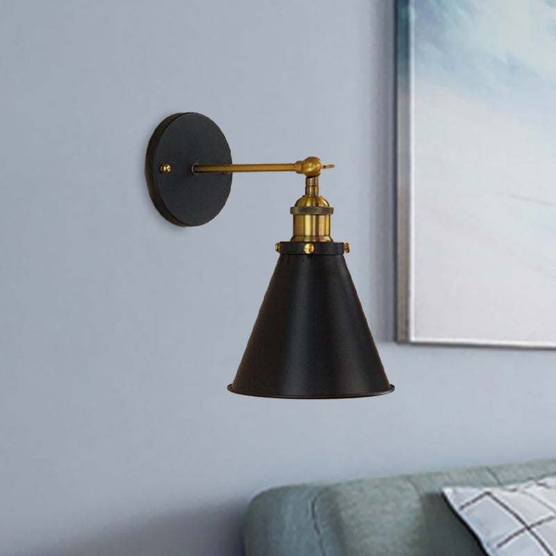 Black/Brass 1 Bulb Sconce Lighting Industrial Stylish Metal Conic Shade Wall Lighting for Living Room