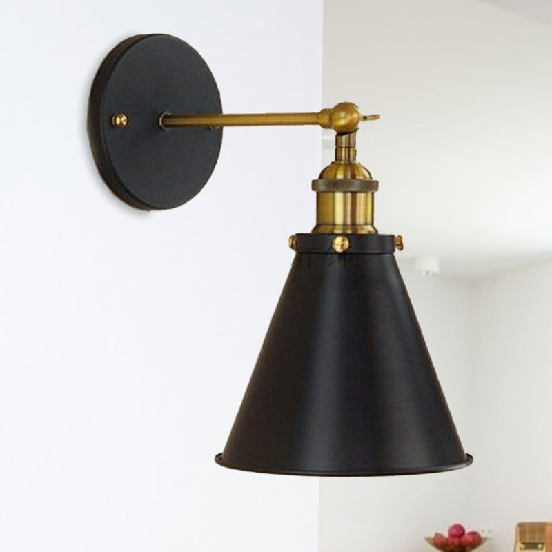 Black/Brass 1 Bulb Sconce Lighting Industrial Stylish Metal Conic Shade Wall Lighting for Living Room