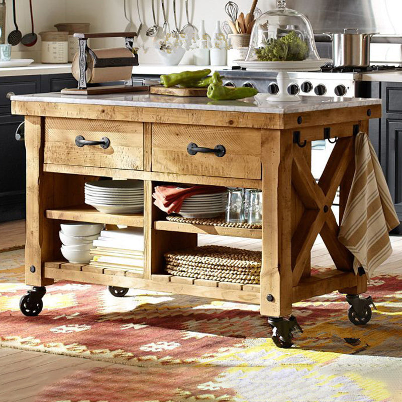 Modern Style Rolling Kitchen Cart Wood Rectangular Kitchen Island Cart