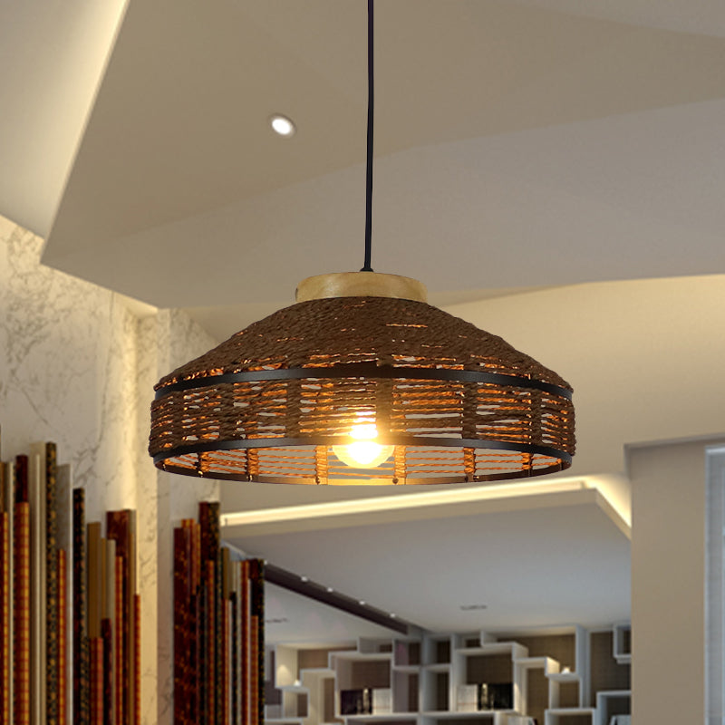 Grange marron pendentif léger léger léger léger léger en rotin tissé lampe à suspension avec capuchon en bois pour restaurant