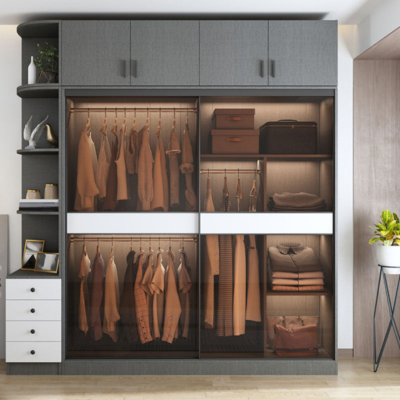 Modern Style Glass Wardrobe Gray Colour Wardrobe Closet with Sliding Door