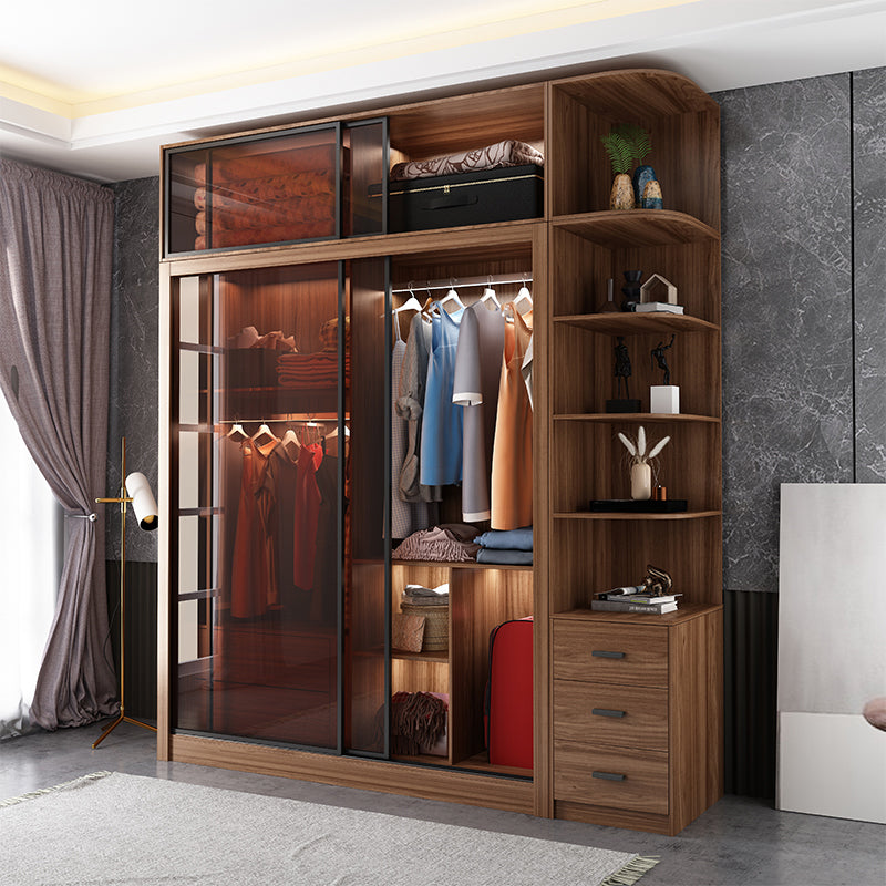 Bedroom Sliding Door Wardrobe Modern Brown Cabinet with Glass Doors