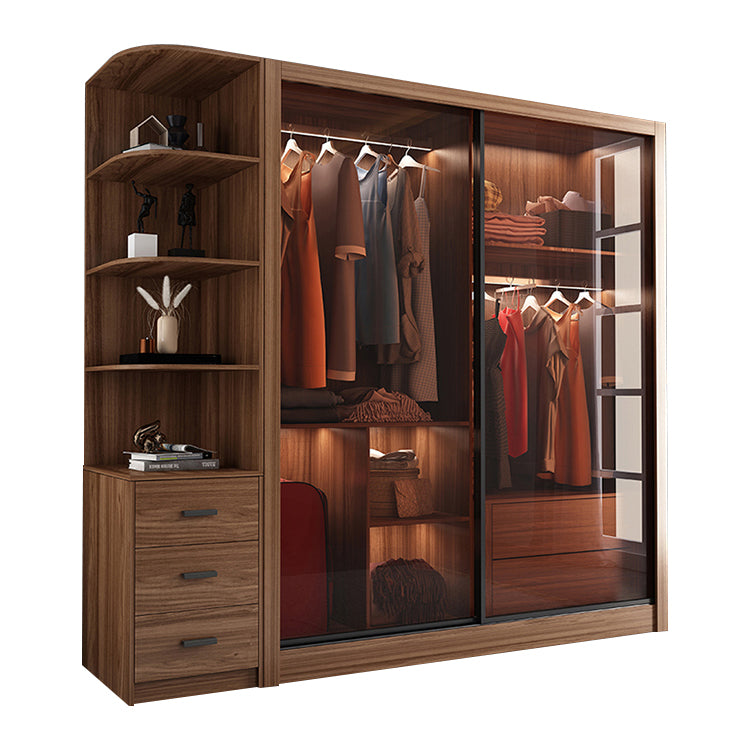 Bedroom Sliding Door Wardrobe Modern Brown Cabinet with Glass Doors