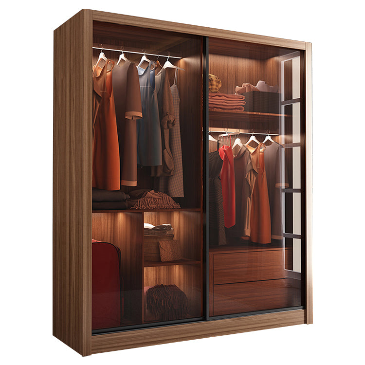 Bedroom Sliding Door Wardrobe Modern Brown Cabinet with Glass Doors