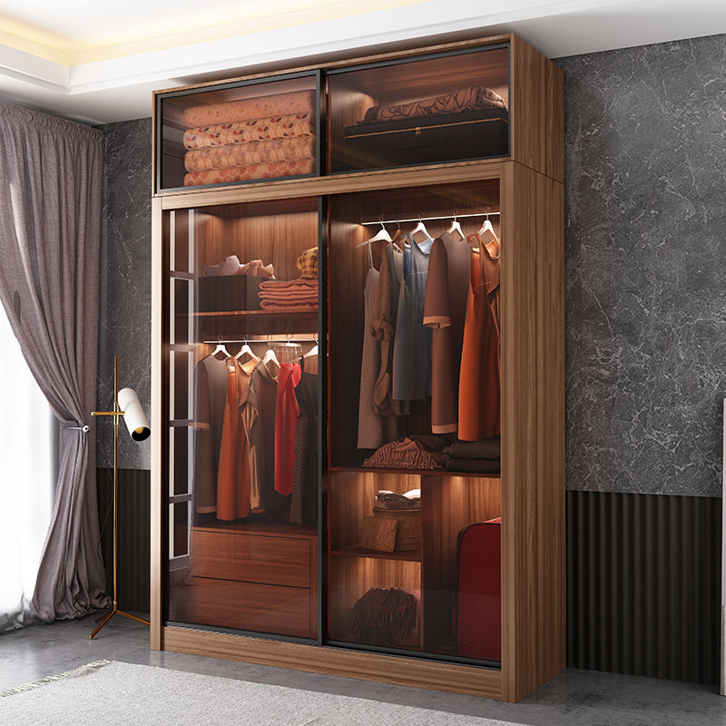 Bedroom Sliding Door Wardrobe Modern Brown Cabinet with Glass Doors
