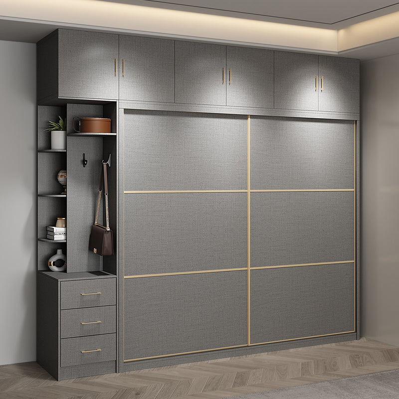 Contemporary Style Gray Colour Wardrobe Wooden Cloth Rod Included Wardrobe Closet