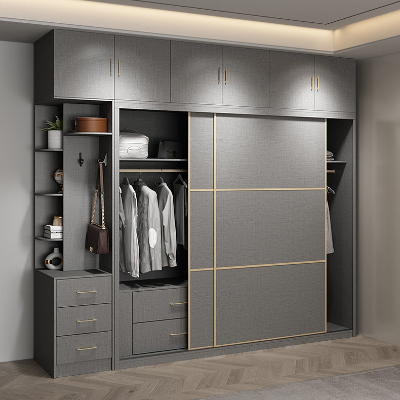Contemporary Style Gray Colour Wardrobe Wooden Cloth Rod Included Wardrobe Closet