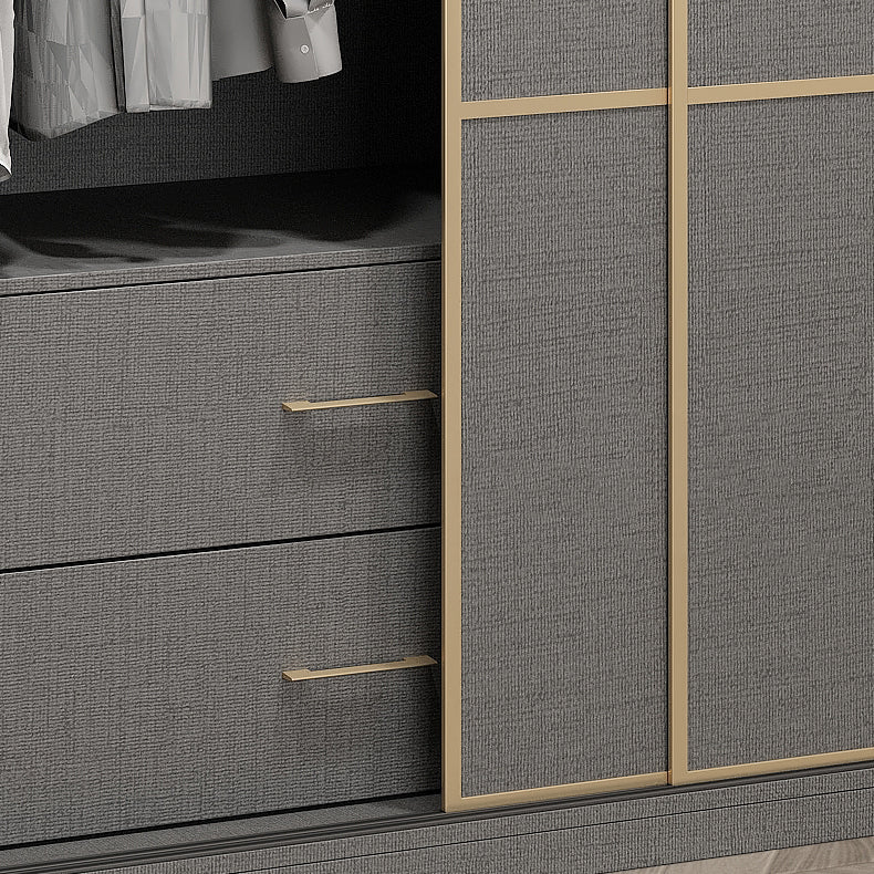 Contemporary Style Gray Colour Wardrobe Wooden Cloth Rod Included Wardrobe Closet