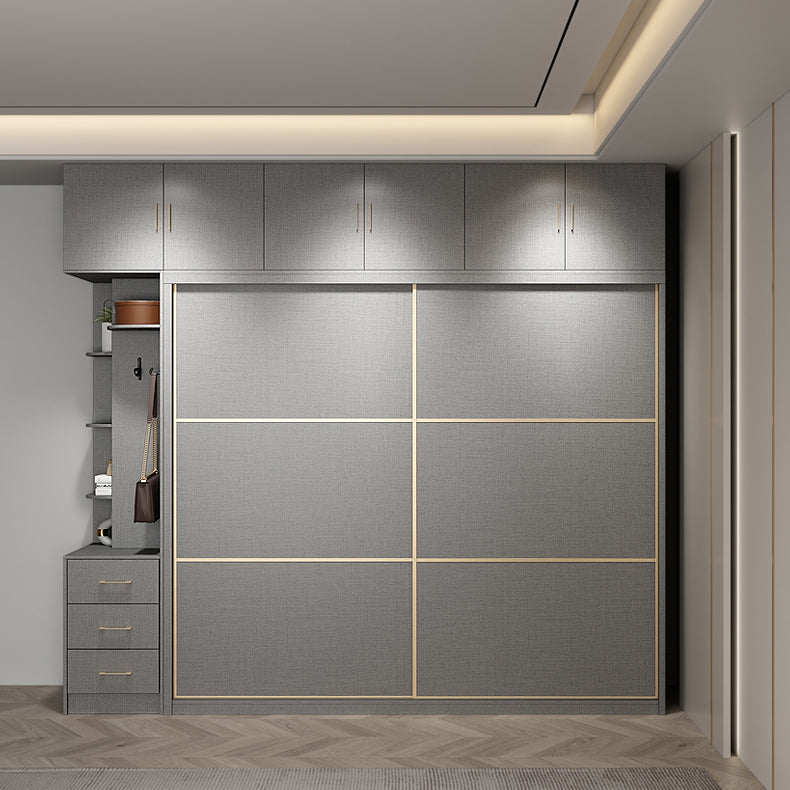 Contemporary Style Gray Colour Wardrobe Wooden Cloth Rod Included Wardrobe Closet