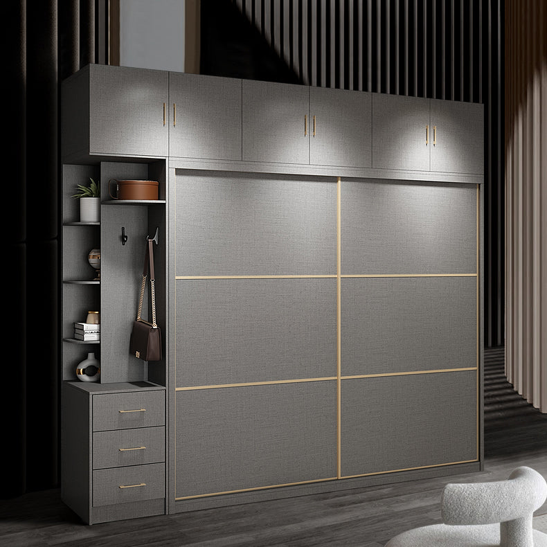 Contemporary Style Gray Colour Wardrobe Wooden Cloth Rod Included Wardrobe Closet