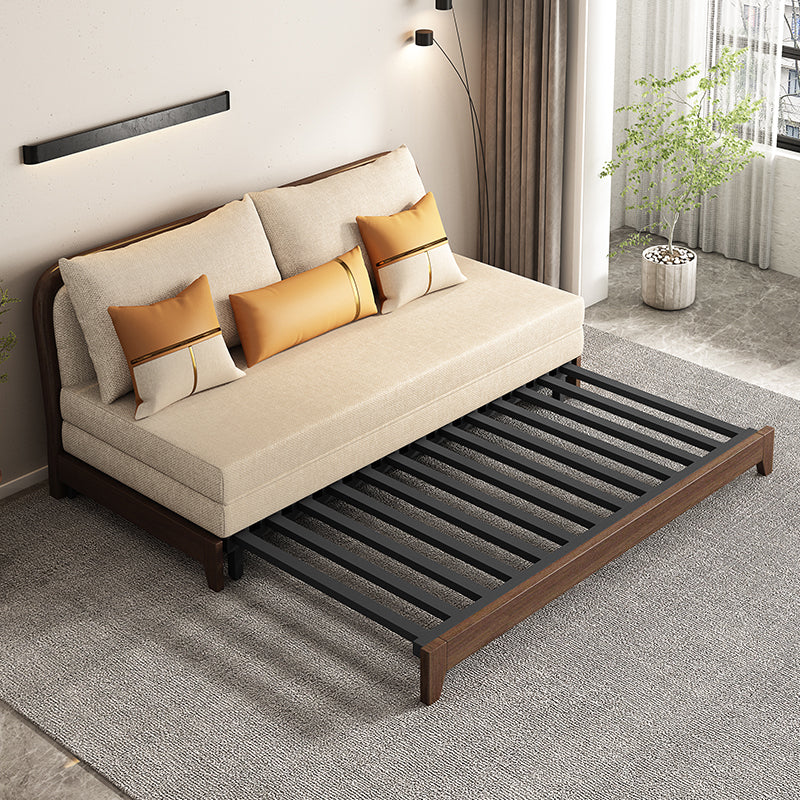 Linen Armless Sofa Bed with Pillow Back Solid Wood Sofa Bed in Beige