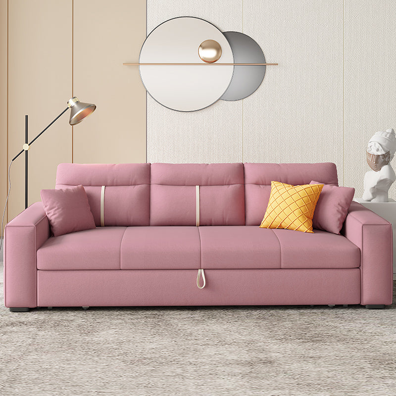 Storage Fabric Sofa Bed in Pink with Pillow Back and Square Arms