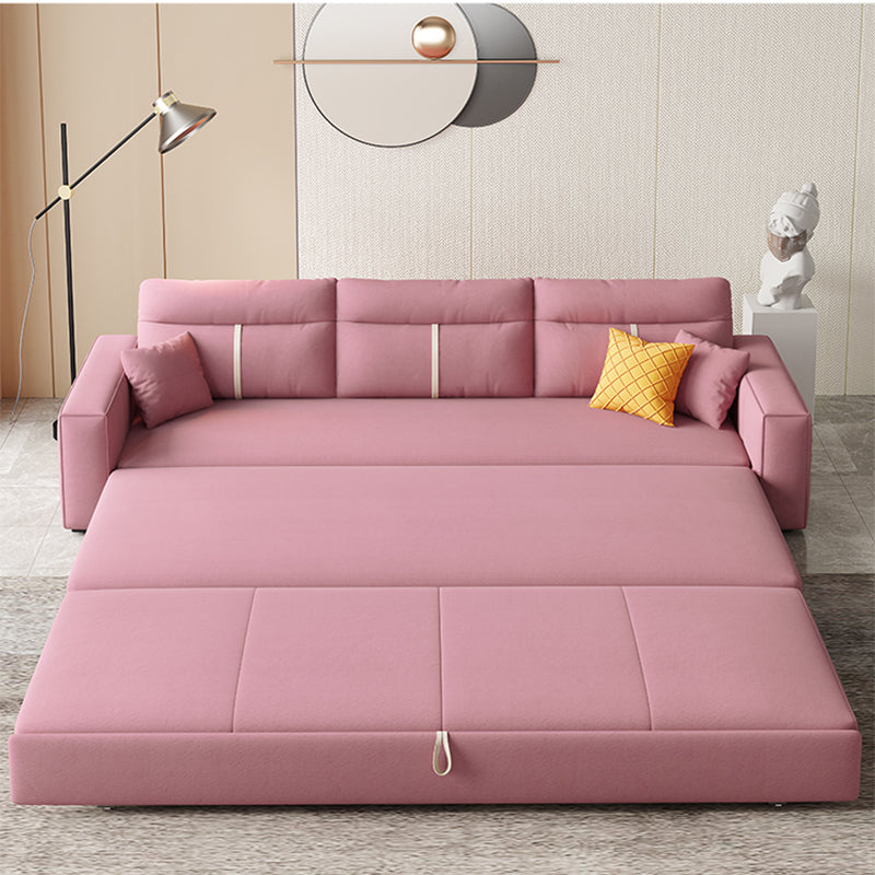 Storage Fabric Sofa Bed in Pink with Pillow Back and Square Arms