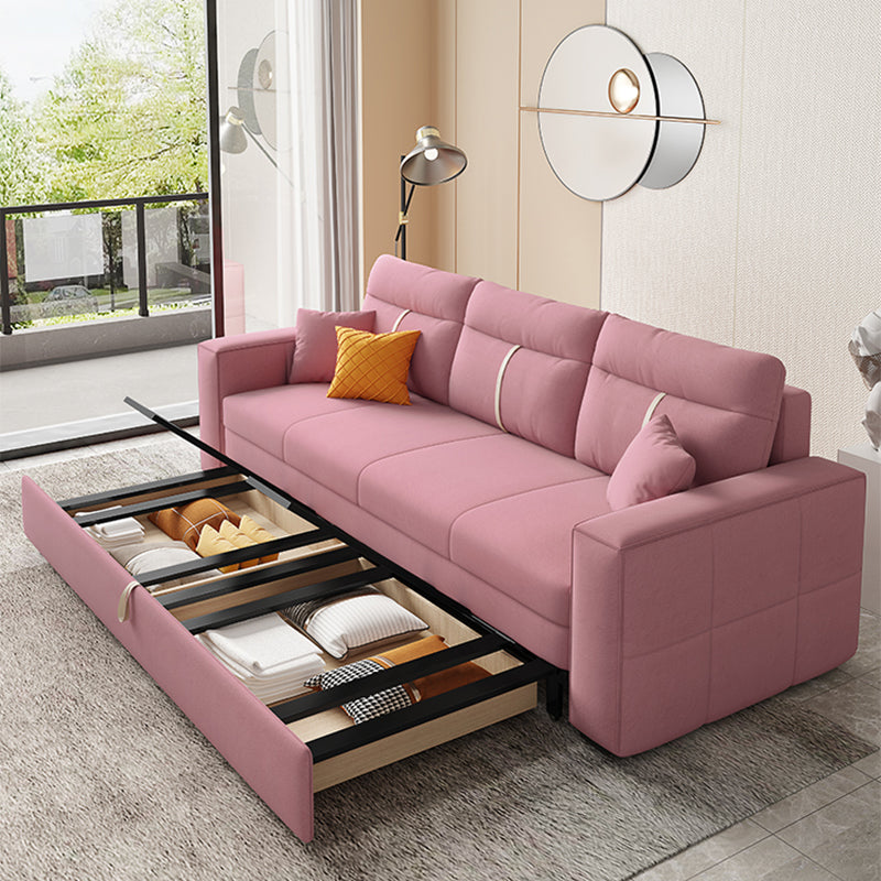 Storage Fabric Sofa Bed in Pink with Pillow Back and Square Arms