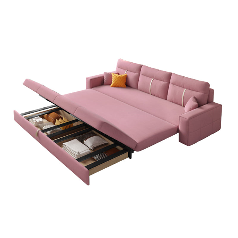 Storage Fabric Sofa Bed in Pink with Pillow Back and Square Arms