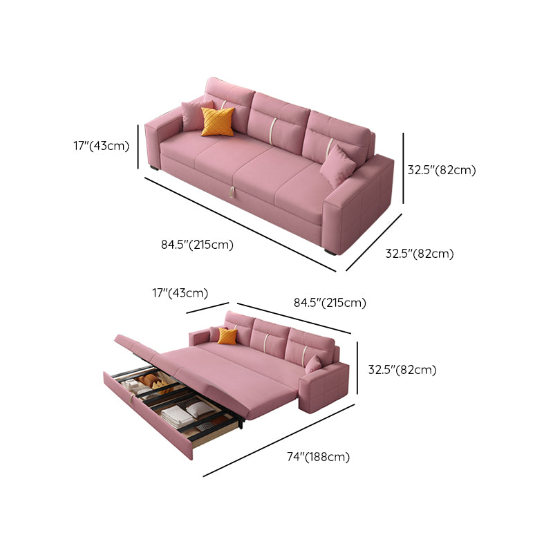 Storage Fabric Sofa Bed in Pink with Pillow Back and Square Arms