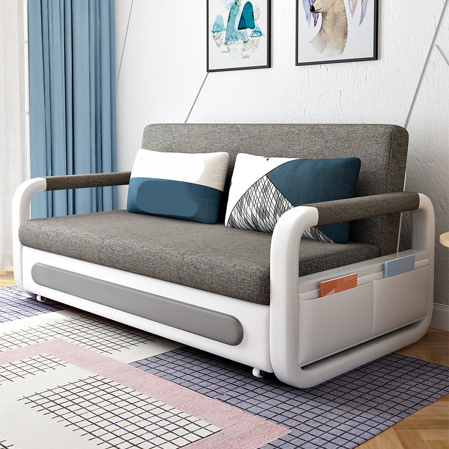 Linen Convertible Sofa Bed with Square Arms and Storage in Grey