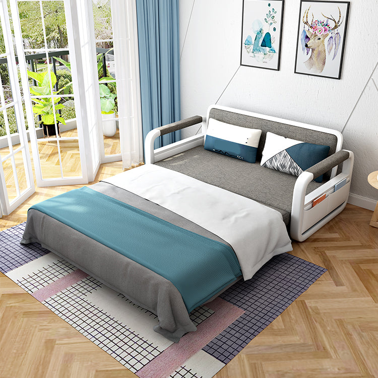 Linen Convertible Sofa Bed with Square Arms and Storage in Grey