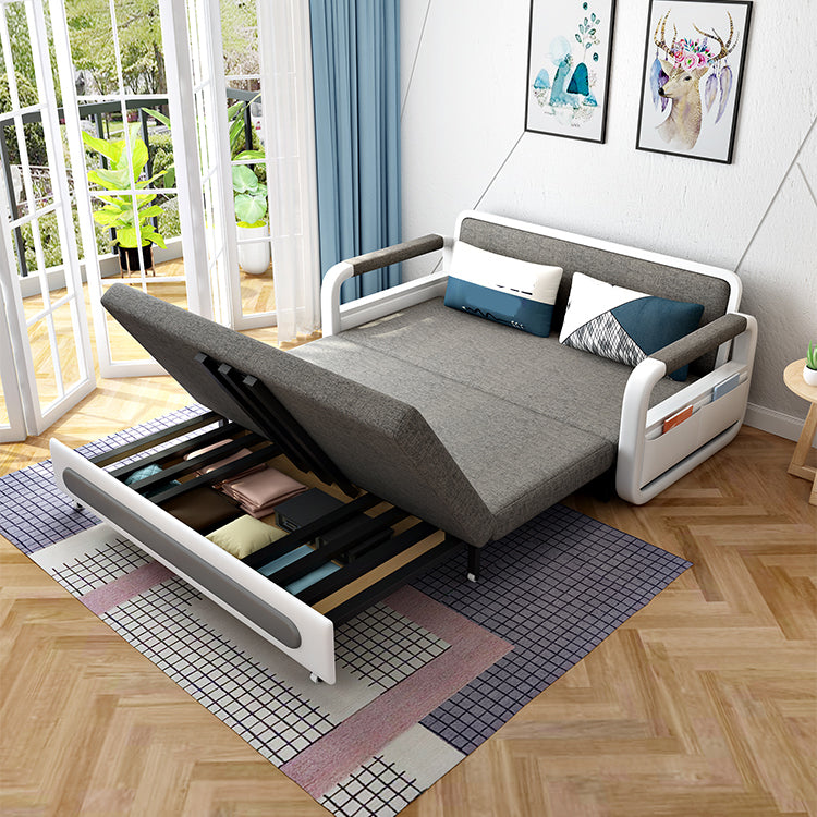 Linen Convertible Sofa Bed with Square Arms and Storage in Grey