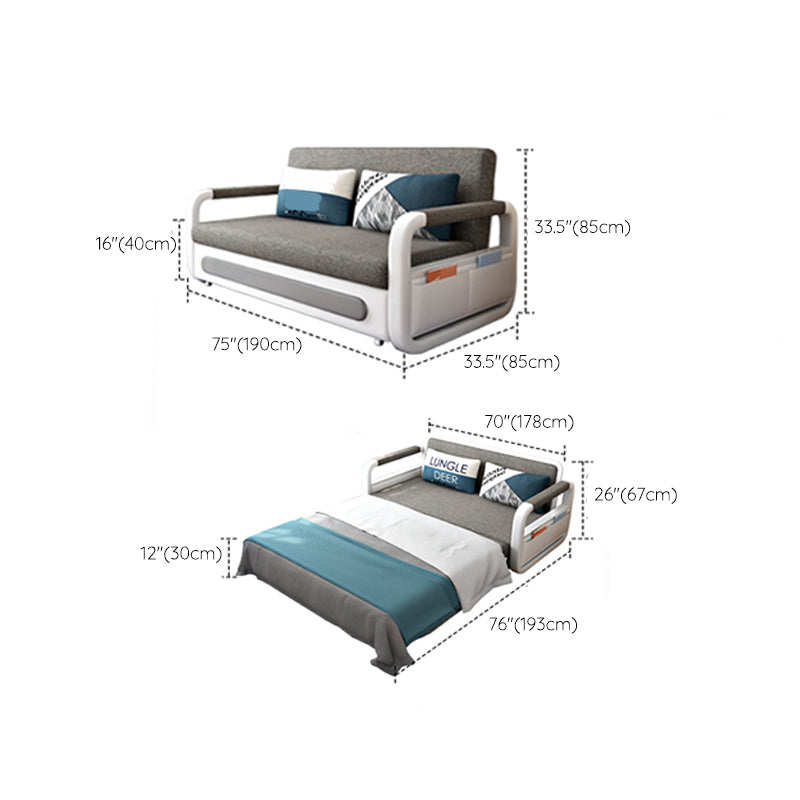 Linen Convertible Sofa Bed with Square Arms and Storage in Grey