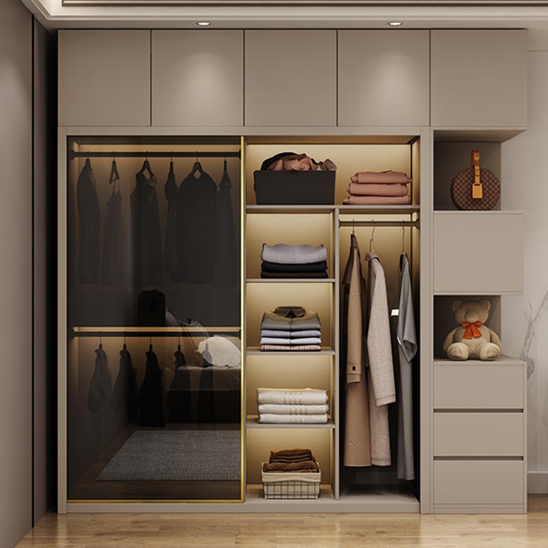 Modern Style Glass Wardrobe Cloth Rod Included Wardrobe Closet with 1-Drawer