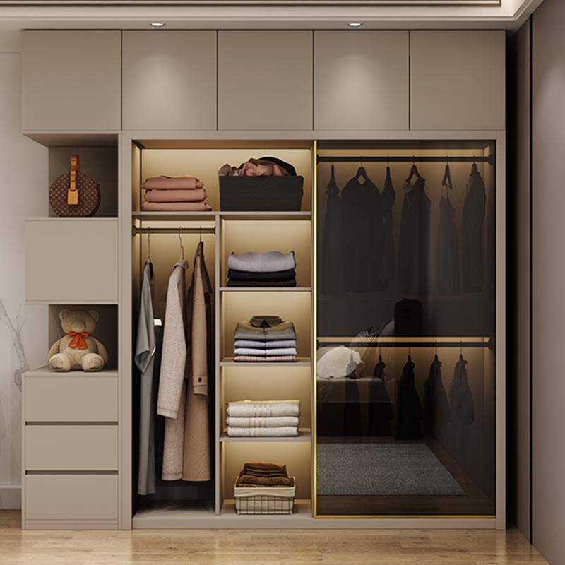 Modern Style Glass Wardrobe Cloth Rod Included Wardrobe Closet with 1-Drawer