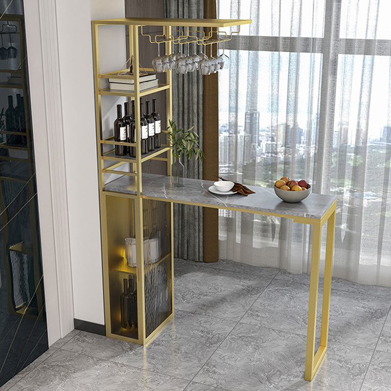 Double Pedestal Pub Table Rectangle Glam Bar Table with Wine Rack