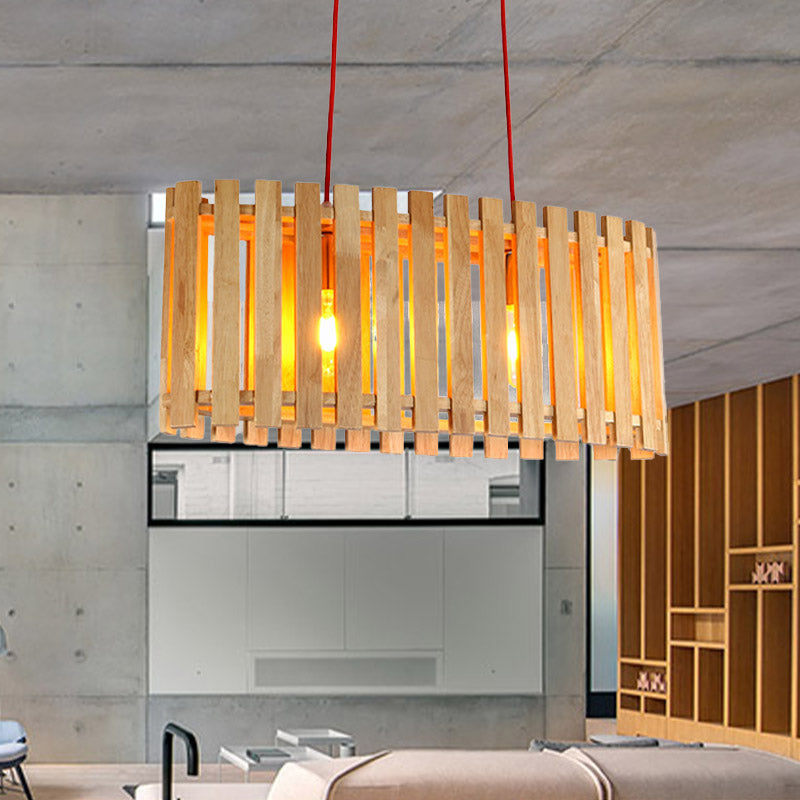 Bamboo Linear Island Lighting with Oval Shade Asian Stylish 2-Light Wood Pendant Lamp over Dining Table