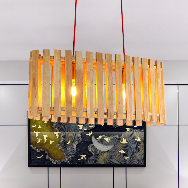 Bamboo Linear Island Lighting with Oval Shade Asian Stylish 2-Light Wood Pendant Lamp over Dining Table