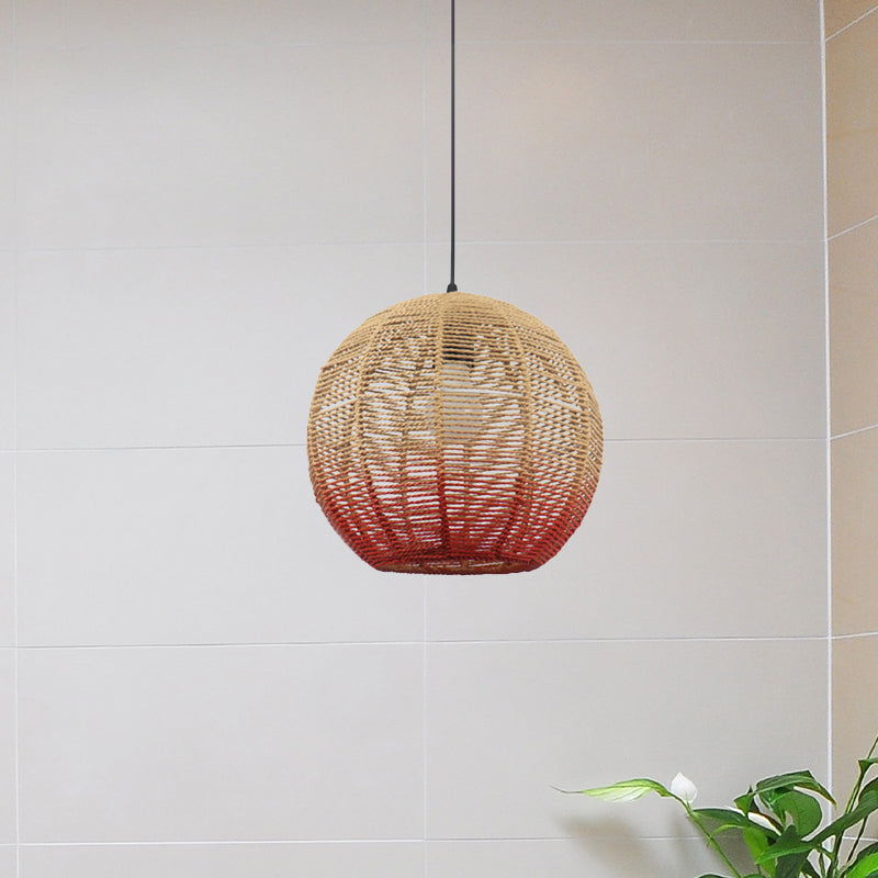 Globe/Elliptical/Barrel/Dome Pendant Lamp Chinese Straw Rope 1 Bulb Red/Blue Hanging Light for Bedroom Restaurant