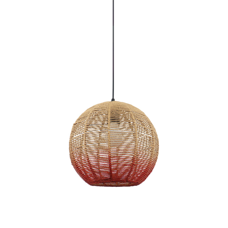 Globe/Elliptical/Barrel/Dome Pendant Lamp Chinese Straw Rope 1 Bulb Red/Blue Hanging Light for Bedroom Restaurant