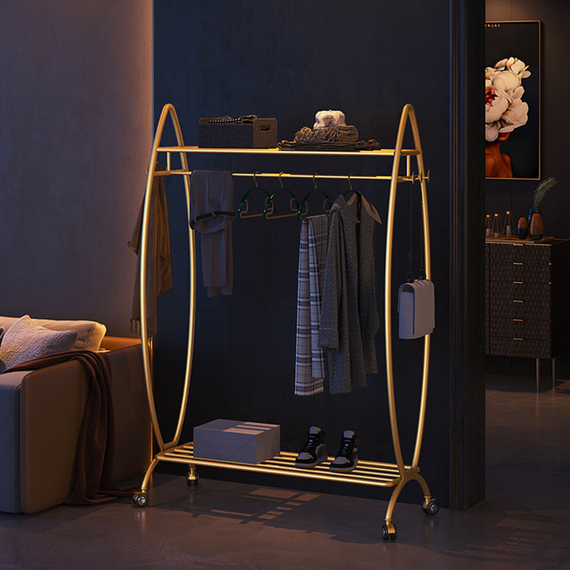 Modern Hanger Free Standing Golden Metal Coat Rack with Storage Shelves