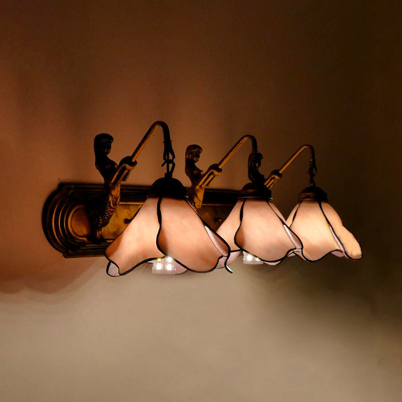 Tiffany Flower Wall Mount Light Fixture 3 Heads Pink/Blue Glass Sconce Lighting with Mermaid Decoration