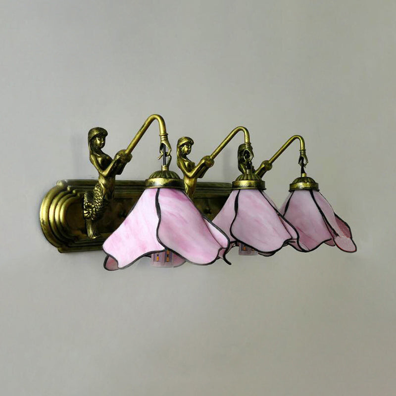 Tiffany Flower Wall Mount Light Fixture 3 Heads Pink/Blue Glass Sconce Lighting with Mermaid Decoration
