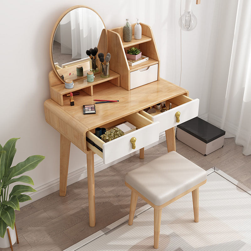Solid Wood Makeup Counter 3 Drawer Vanity Dressing Table With Stool