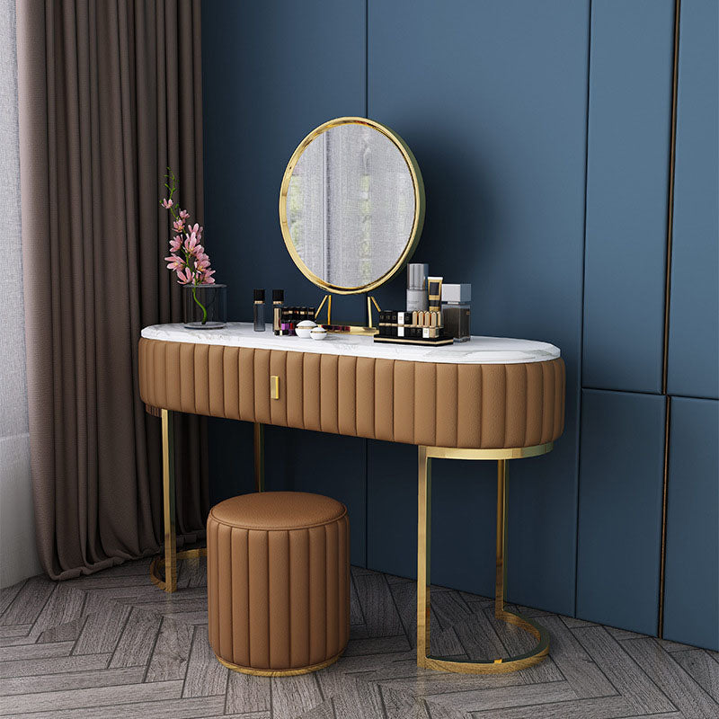 Glam Stone Top Oval Vanity Table with Metal Base Makeup Dressing Table