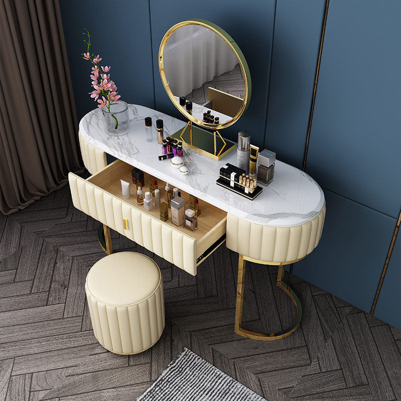 Glam Stone Top Oval Vanity Table with Metal Base Makeup Dressing Table