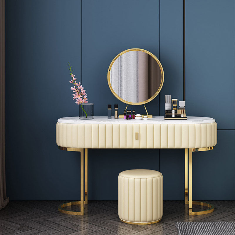 Glam Stone Top Oval Vanity Table with Metal Base Makeup Dressing Table