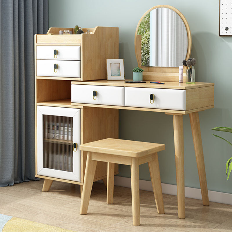 Wood Vanity Set with Stool and Mirror 4 Drawers Dresser Modern Style
