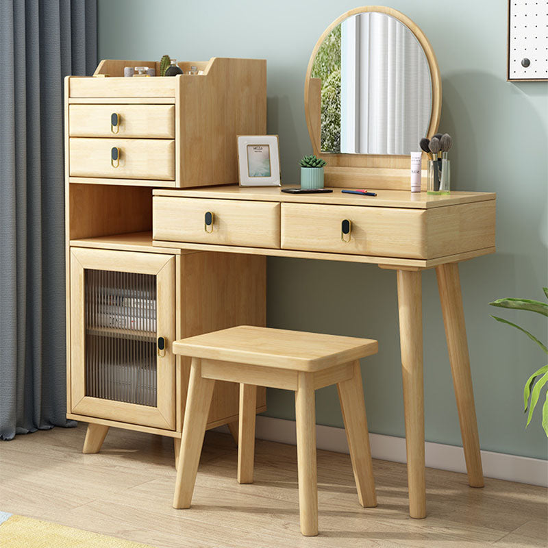 Wood Vanity Set with Stool and Mirror 4 Drawers Dresser Modern Style