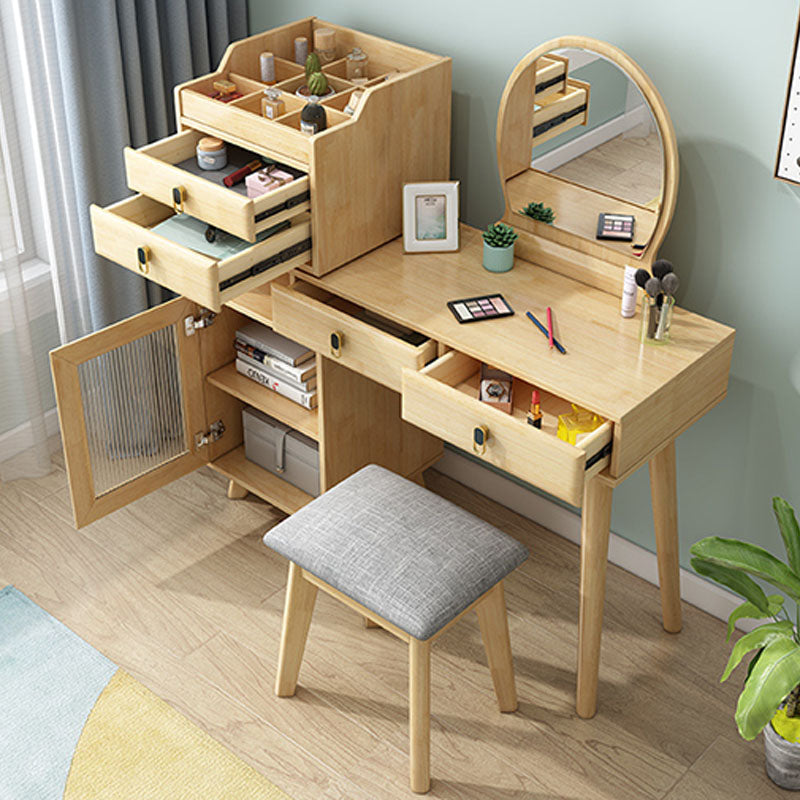 Wood Vanity Set with Stool and Mirror 4 Drawers Dresser Modern Style