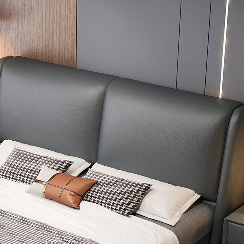 Contemporary Grey Leather Upholstered Standard Bed, Rectangular Panel Bed